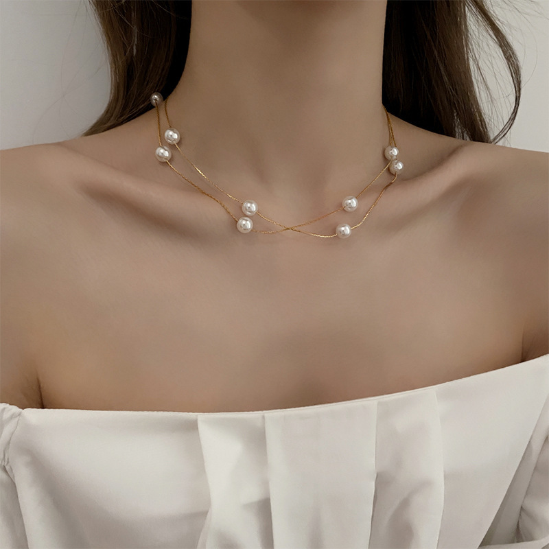 Double-layer Stacked Wear Pearl chocker Clavicle Chain ins Fashionable High-end Retro Light Luxury Elegant Women's Necklace