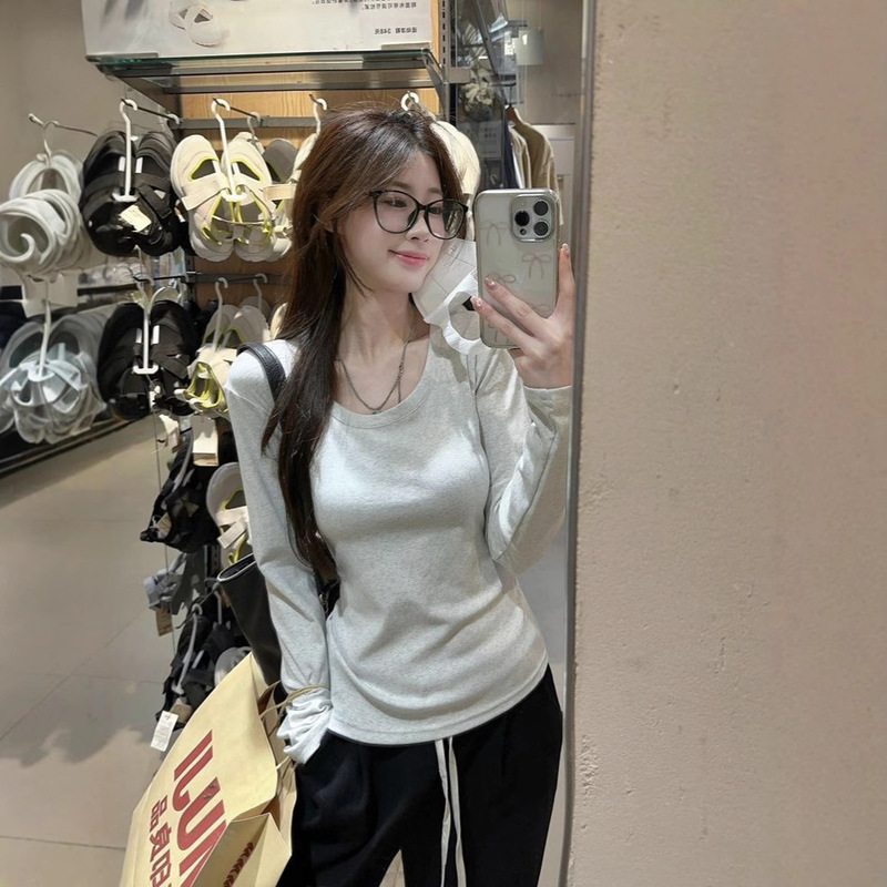 Korean-Style Gray Regular Shoulder Long-Sleeve T-Shirt for Women, Early Autumn New Slim-Fit Base Layer Top for Petite Women