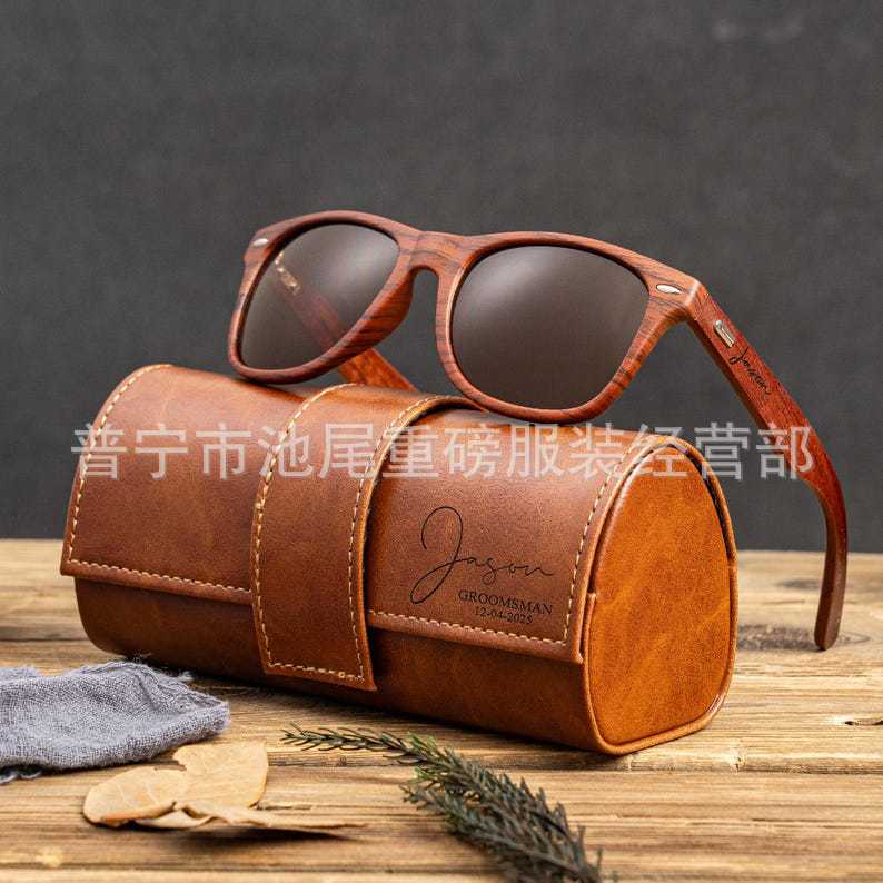 Cross-Border Independent Station Amazon Etsy Customized Name Wooden Sunglasses Retro Leather Handmade Glasses Case