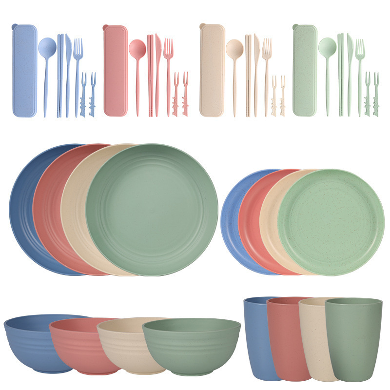 Cross-Border Hot-Selling Wheat Straw Bowl, Plate, Cup Set for 4 People, Outdoor Dinnerware, Soup Bowl, Plate, Bowl, Cup, Camping Tableware Set