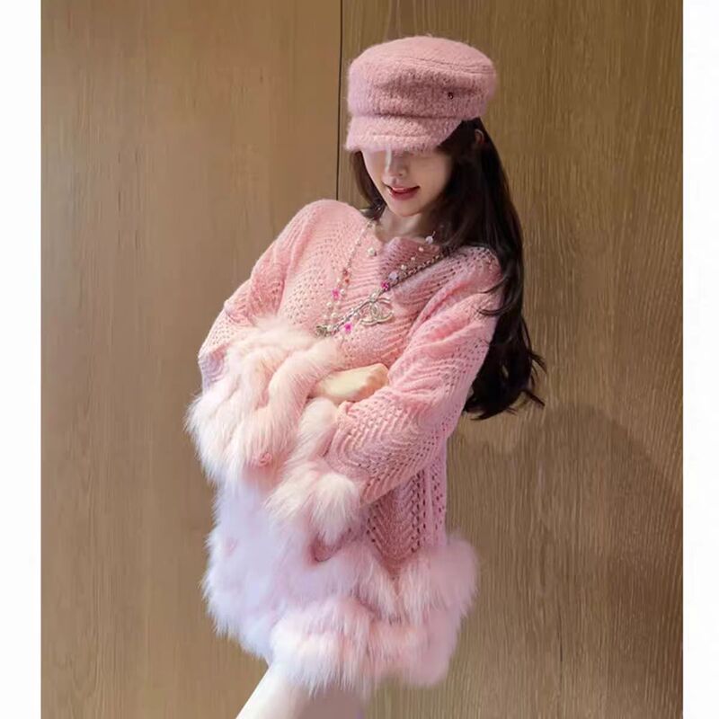 Desirable Hot Girl Style Plush Patchwork Long-Sleeved Knitted Sweater for Women, Early Autumn New High-End Mid-Length Hollow-Out Top