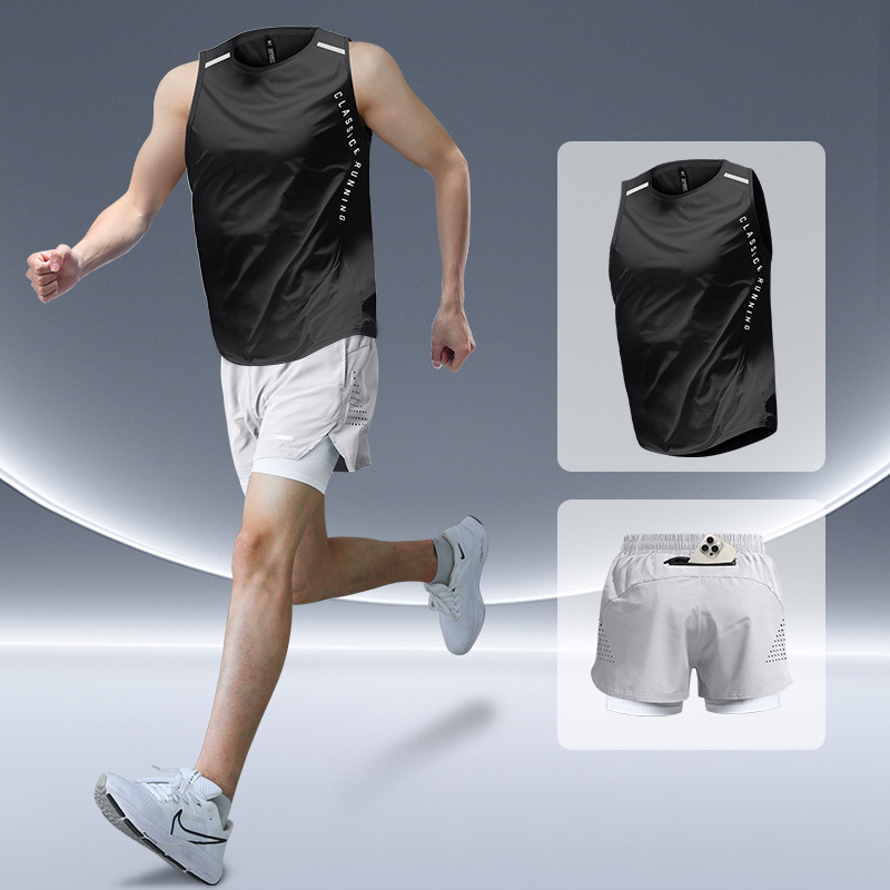 スポーツランニングスーツメンズマラソンアイスシルク速乾ベスト夏陸上トレーニングショーツフィットネス服と機器|undefined