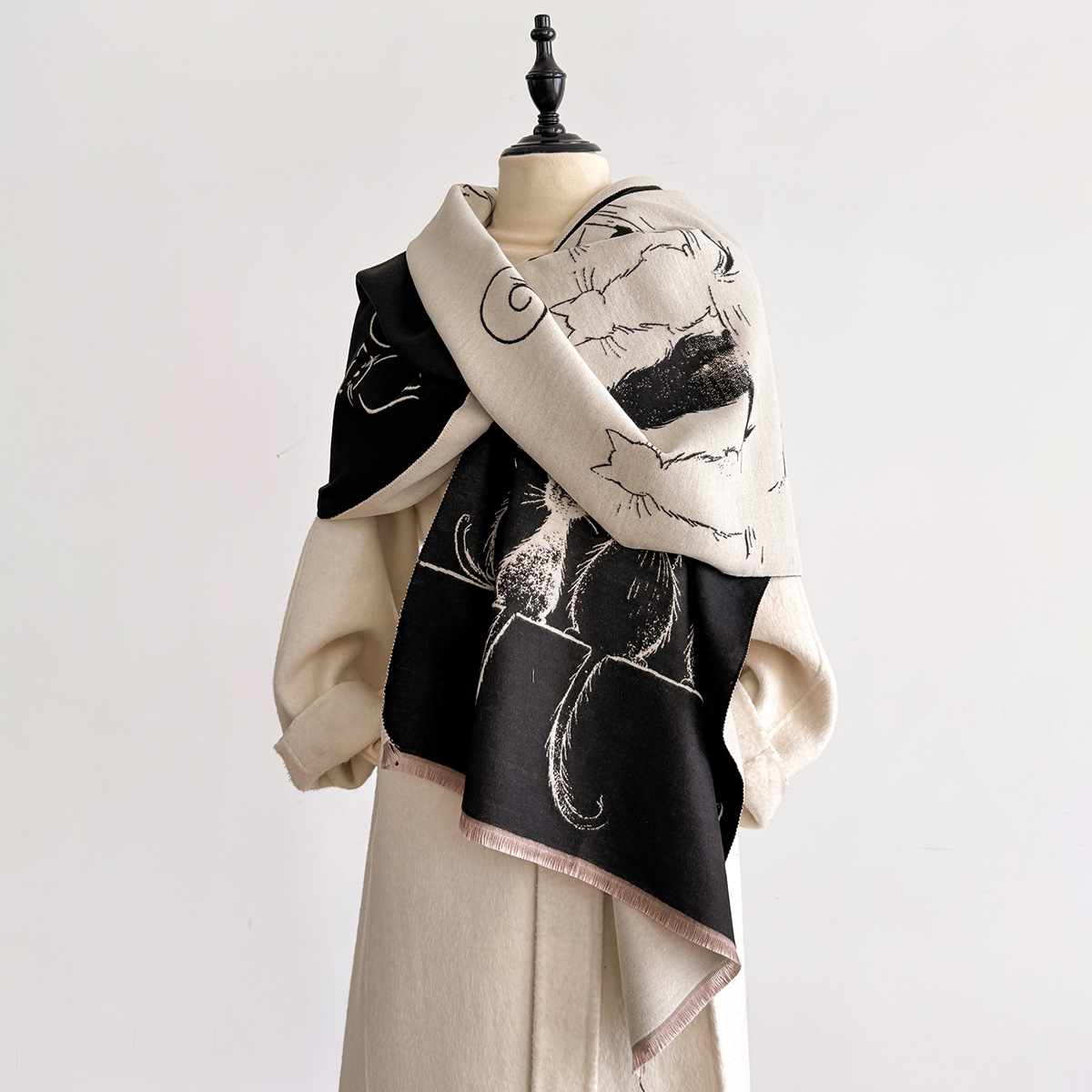 2025 New Cute Scarf Kitten Double-Sided Warm and Thickened Autumn and Winter Outer Shawl Fashionable and Versatile Double-Sided Women