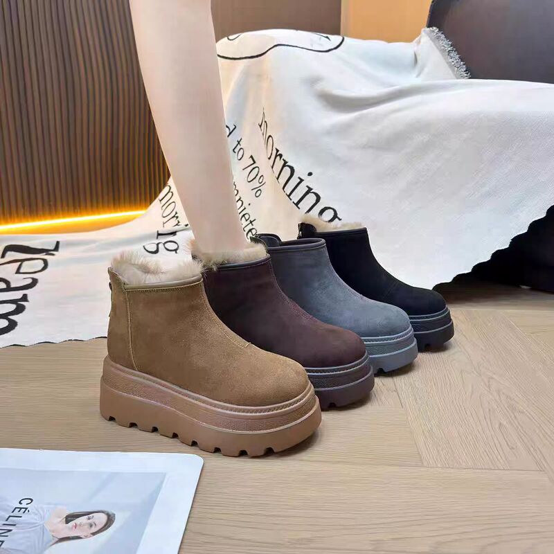 Cowhide Version Thick-Soled Heightening Snow Boots for Women 2025 Winter New Velvet Thickeneded Short Boots Warm Birkenstock Cotton Shoes