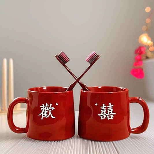 Newlywed mouthwash cup, toothbrush cup, a pair of ceramic wedding wash cups set, red wedding toothbrush couple's cups