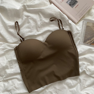 Ice Silk Strapless Camisole with Seamless Chest Pads, Beautiful Back Bra, Black Camisole with Chest Pads, Large Cup Camisole