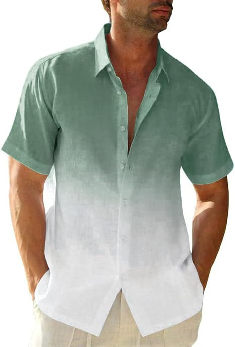 Men's Clothing Men's Gradient Short Sleeve Shirt Summer Casual Breathable Top Cotton Linen Texture For Formal & Casual_viptrois.com