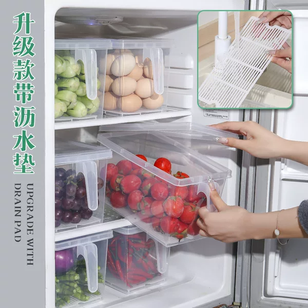 Refrigerator storage box with drain transparent plastic kitchen storage fruit egg storage box with lid refrigerated crisper