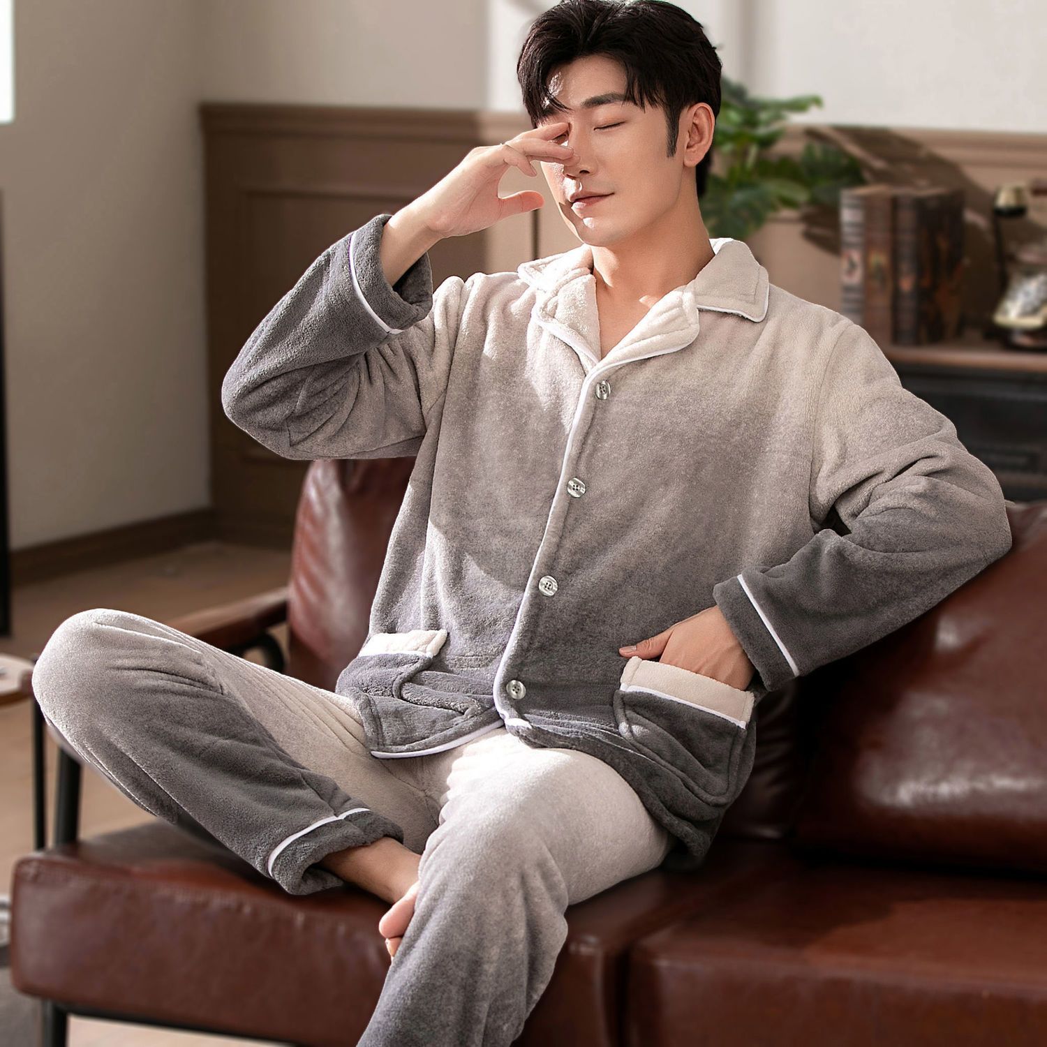 Pijamas de invierno de terciopelo de coral, pijamas de franela gruesas de invierno para hombres, ropa de hogar cálida de mangas largas para hombres