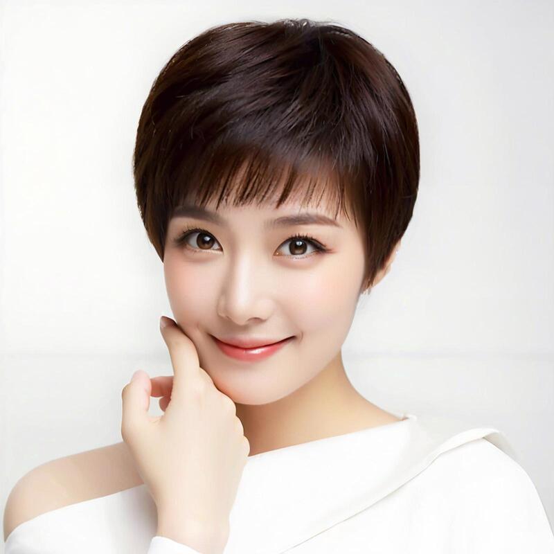 Middle-Aged and Elderly Mothers' Wigs, Fluffy Oblique Bangs, Short Straight Hair, Chemical Fiber, High Temperature Silk, Full Headgear, Bobo Head Middle-Aged and Elderly Mothers' Wigs, Fluffy Oblique Bangs, Short Straight Hair, Chemical Fiber, High Temperature Silk, Full Headgear, Bobo Head