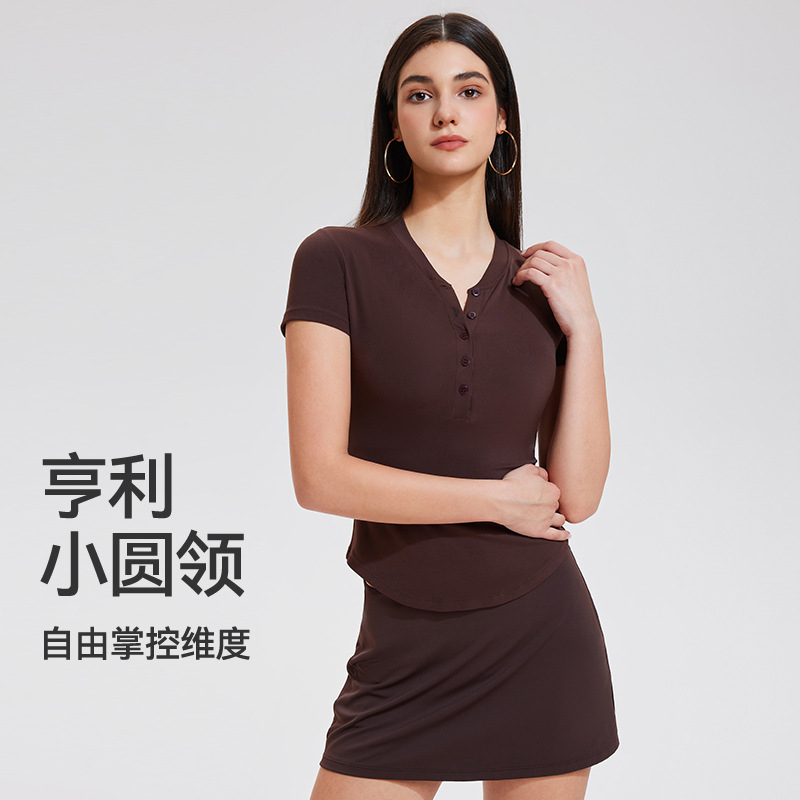 Lulu Henry camisa traje deportivo para mujer chica delgada desnuda yoga con cuello en V top de manga corta fitness falda de secado rápido