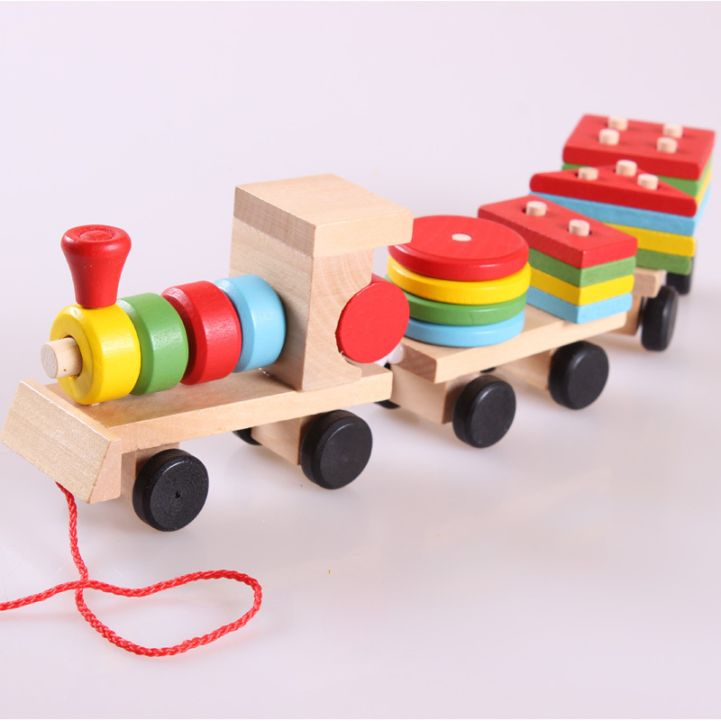 Wooden three-section small train geometric shape set column baby young children's intelligence early education building blocks drag toy