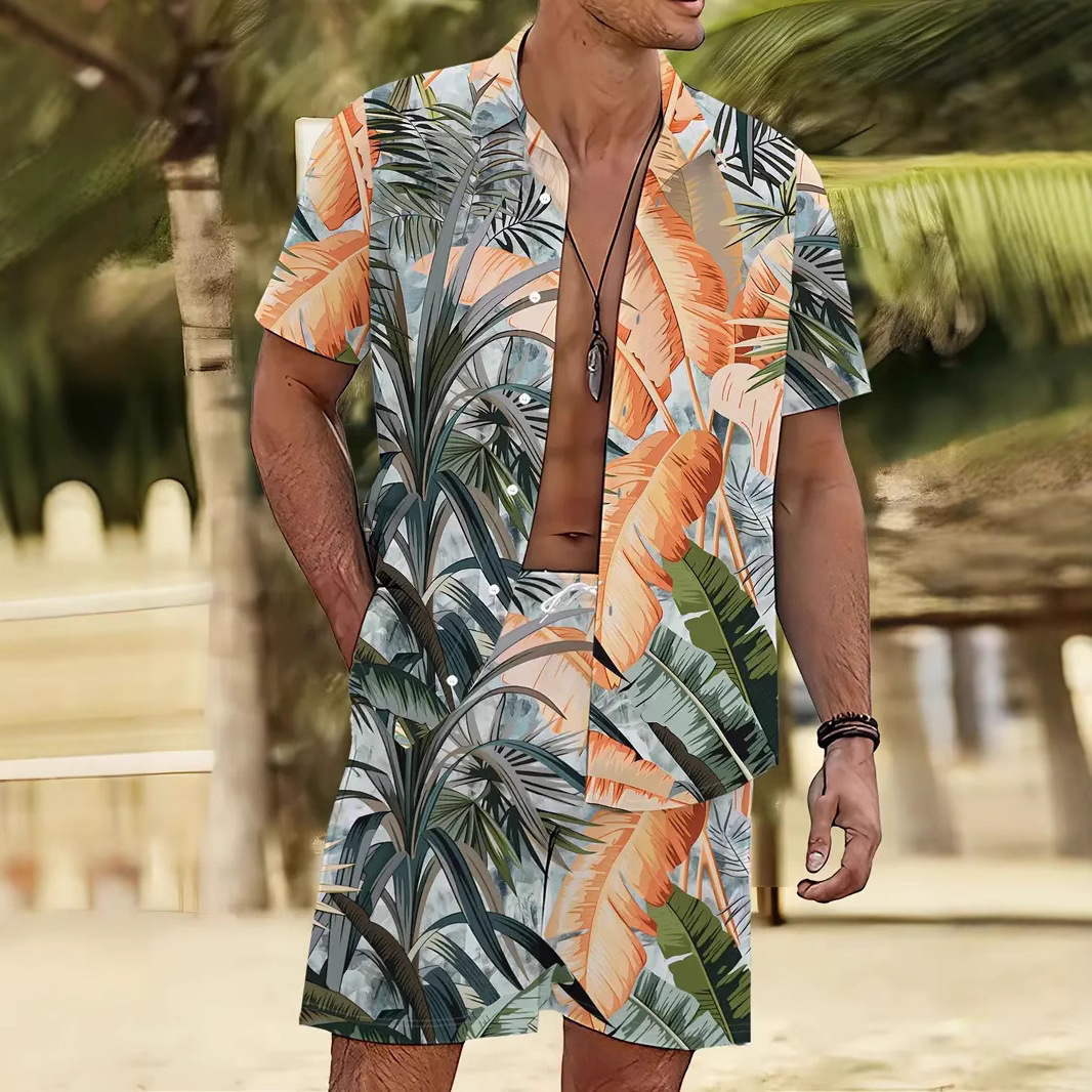 크로스 국경 AliExpress 남자의 새로운 패션 하와이 짧은 소매 반바지 비치 스타일 캐주얼 프린트 셔츠 세트 남성