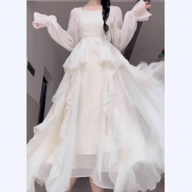 温柔森系法式超仙公主荷叶边连衣裙子女夏季气质初恋清纯奶甜长裙|undefined
