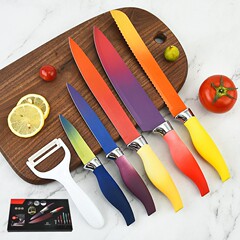 廠家不鏽鋼漸變色六件套刀大肚柄6件套廚房刀具禮盒禮品裝