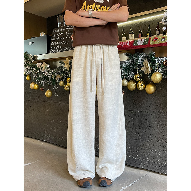 Men's Melard Faux Linen Curved Hem Pants, Loose Fit, Old Money Style, Straight Casual Pants, Drapey Wide-Leg Pants