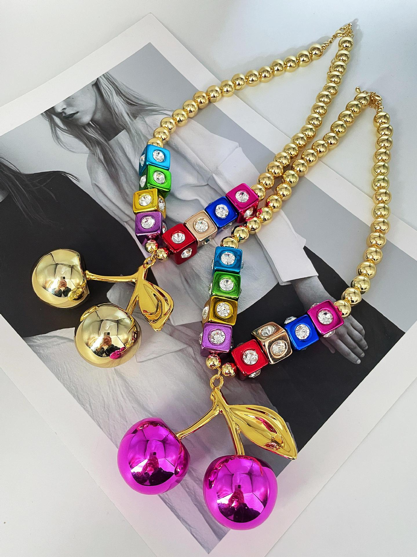 Alloy Material Cherry Pattern Exaggerated Vacation Cherry Alloy Beaded Chain Beaded Necklaces Wholesale