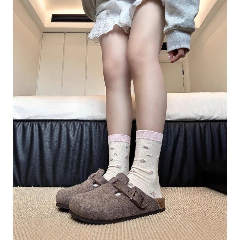 碎花布标袜子女可爱Lolita中筒袜春秋小众棉质韩版简约百搭堆堆袜|undefined