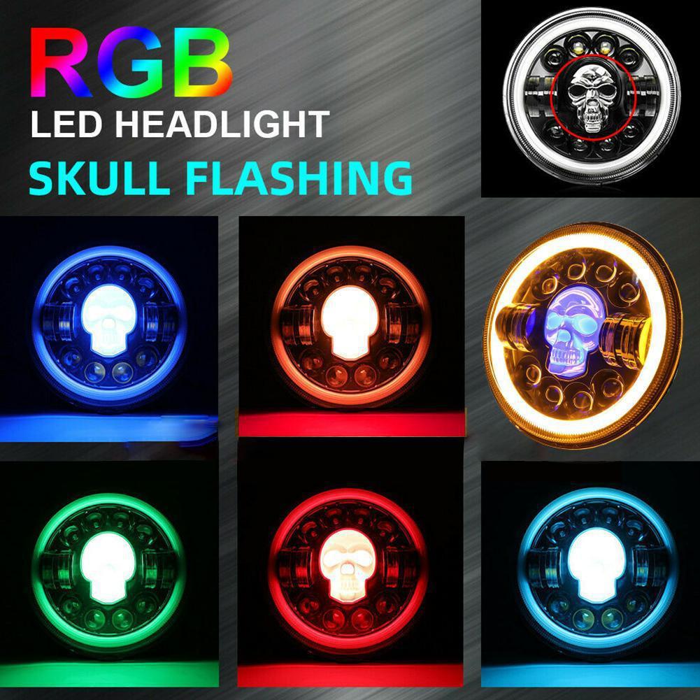 7inch Wrangler Harley Headlight Motorcycle Led High and Low Beam Round Colorful Skull Headlight Set