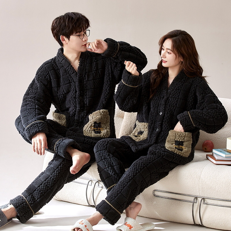 Coral polar pareja pijamas de invierno de las mujeres de manga larga kimono japonés con cuello en V estilo coreano de dibujos animados lindo traje de homewear de los hombres