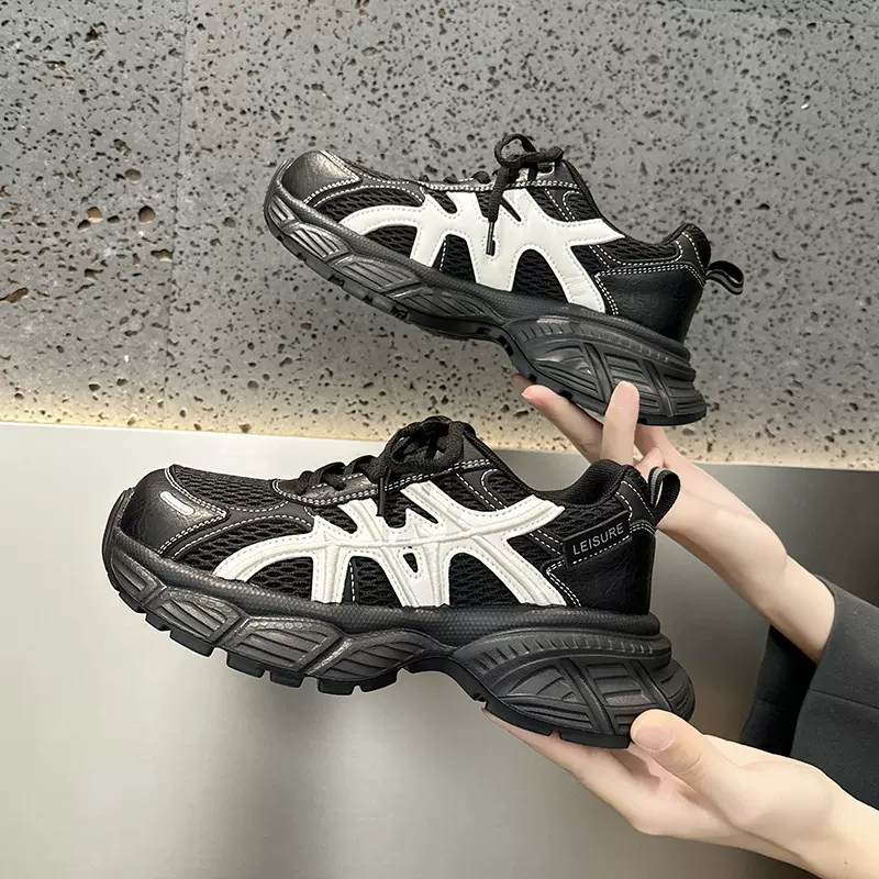 厚底老爹鞋女2025秋季新款轻便百搭休闲运动鞋网面阿甘鞋黑色单鞋