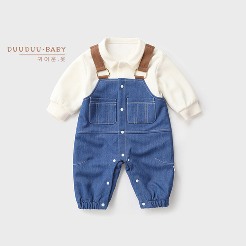 Ins-style faux two-piece cardigan children's clothing for babies, outdoor clothes, packable long-sleeved crawling suit, infant onesie, Category A, spring and autumn
