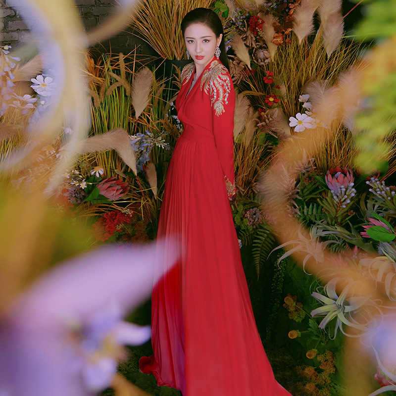 Long Elegant Red Wedding Dress For Brides Engagement Reunion Banquet Evening Gown Women's Party Wear_ecoleips.com