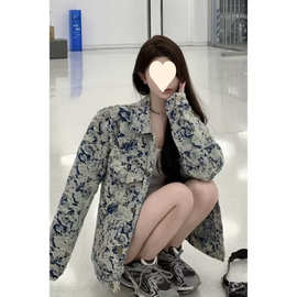 2026春季新款男士碎花休闲翻领上衣韩版修身牛仔外套情侣潮牌开衫