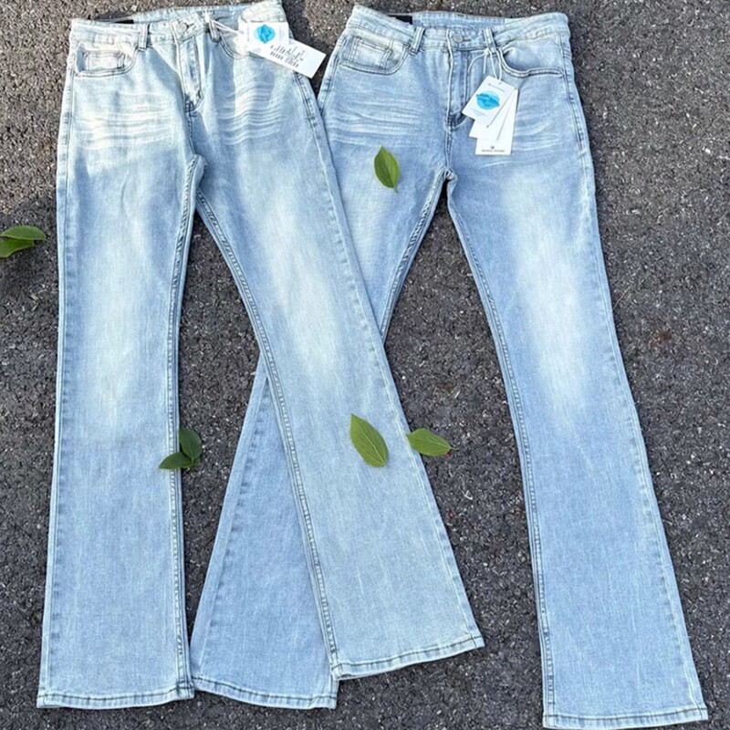 Glacier Blue Flared Jeans for Men, Summer Pants, High-Waisted, Long Pants, Thin Summer Style, Ice Blue