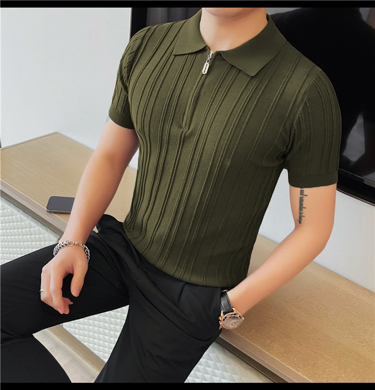 Zipper jersey polo de manga corta hombre verano americano retro commuting suelto vertical rayas pozo cuello camiseta hombre