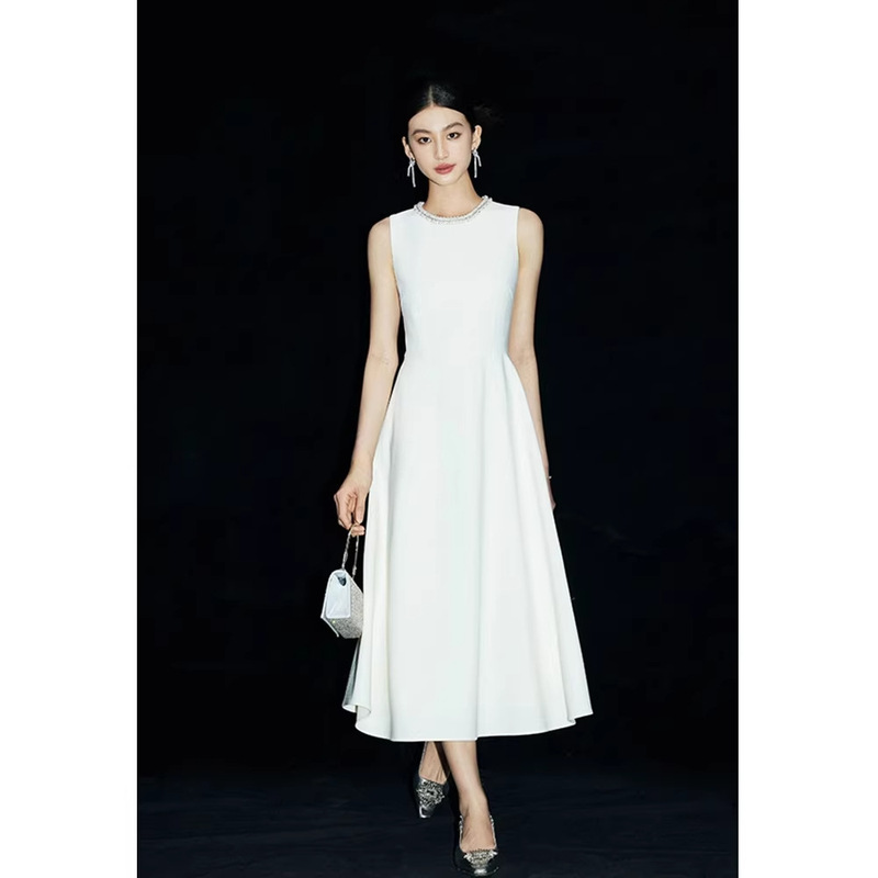 Four Ladies' Light Luxury Round Neck Heavy Beading Mid-Length Sleeveless Dress 2026 New White Fairy Long Dress 1209