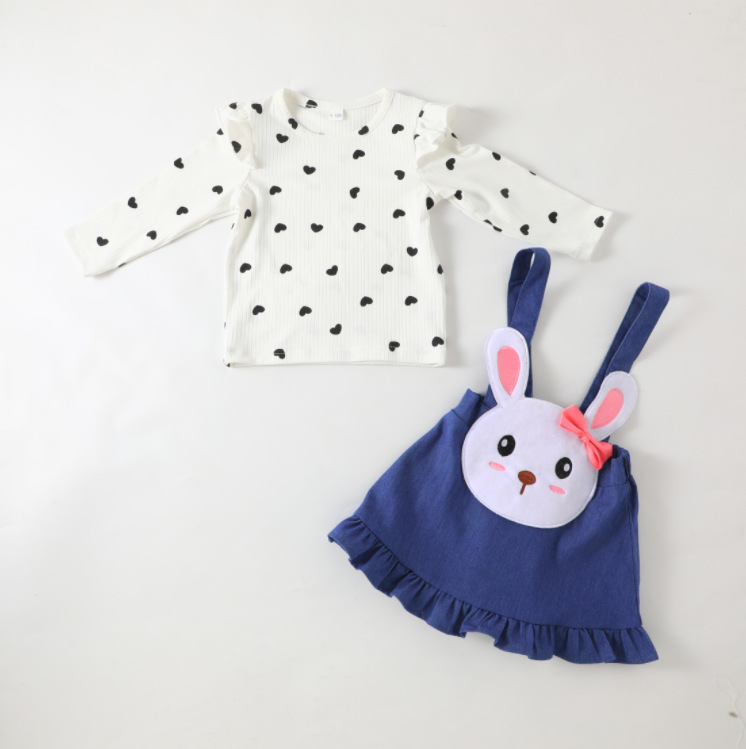 Conjunto de saia com estampa de coelho de manga comprida e faixa nas costas com estampa de amor para bebês fofos_voghion.com