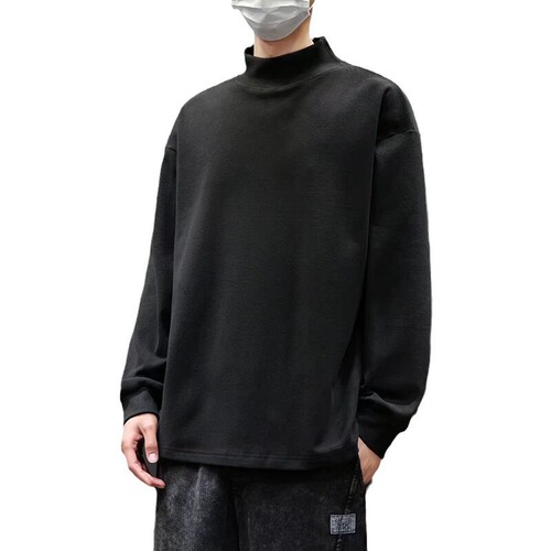 Cotton-padded merino half-neck long-sleeved T-shirt for men, autumn and winter style, warm inner layer, base shirt, round neck, loose sweatshirt for boys