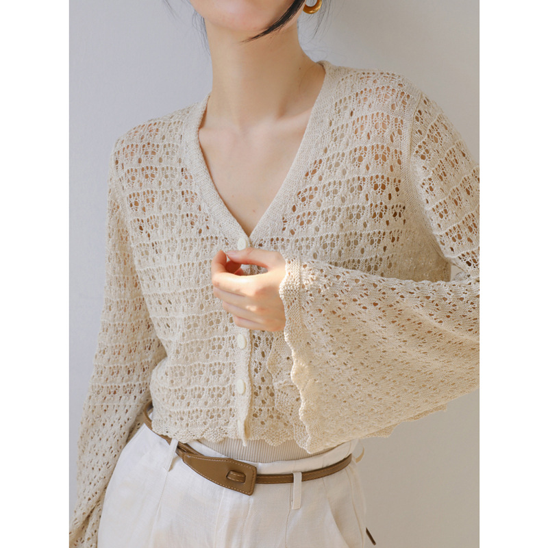 V领镂空喇叭袖小众百搭针织开衫夏季长袖防晒坎肩罩衫短款空调衫