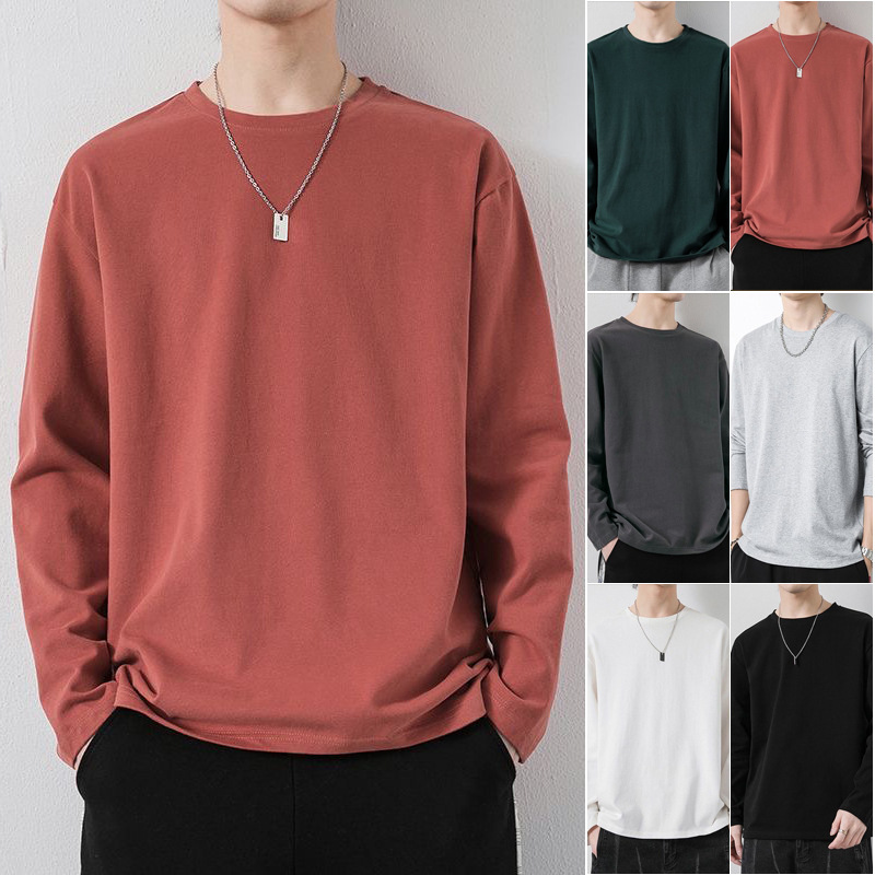 Versatile New Men's Long-Sleeve Round-Neck Slim-Fit Solid Color Shirt, Autumn Base Layer, Inner Wear, Street Vendor Supply, Stylish
