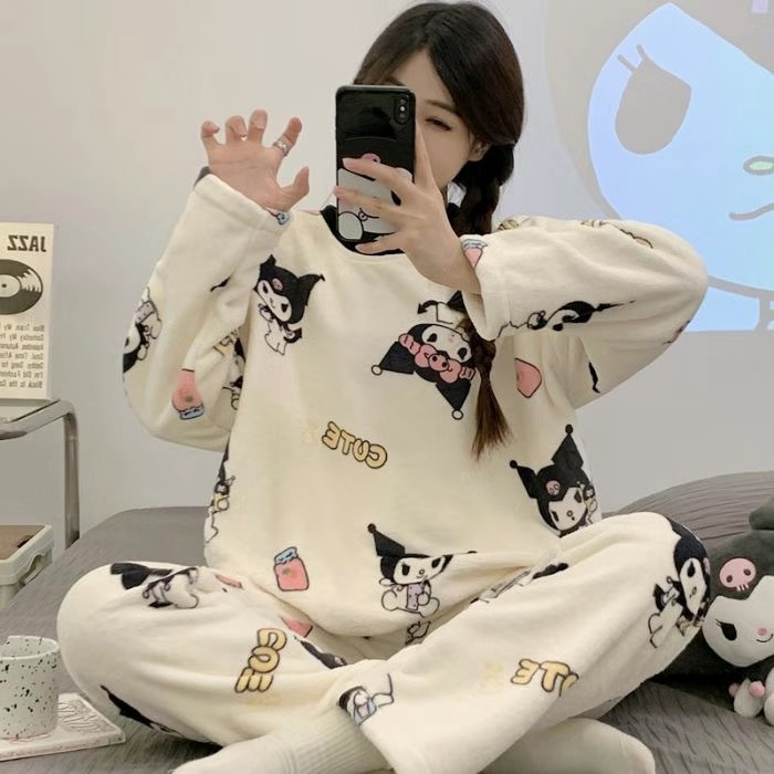 Otoño y invierno pijama de mujer punto pequeño conejo flanel engrosado dulce dibujos animados casuales manga larga cálida coral conjunto de terciopelo