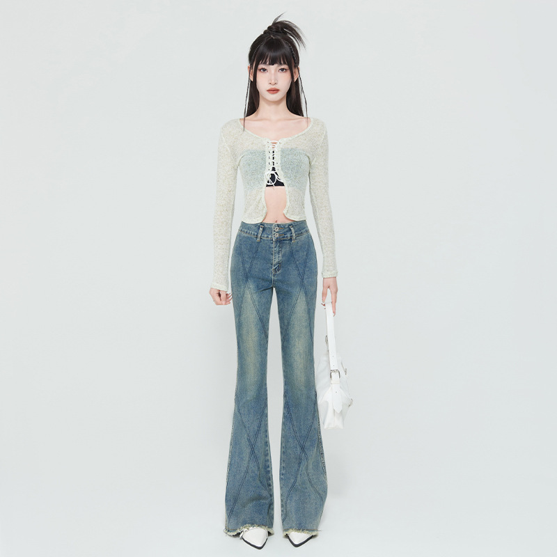 HEY JEANS RETRO HIGH WAIST FLA 청바지 봄과 가을 2024 새로운 미국식 하이 스트리트 더블 버튼 바지