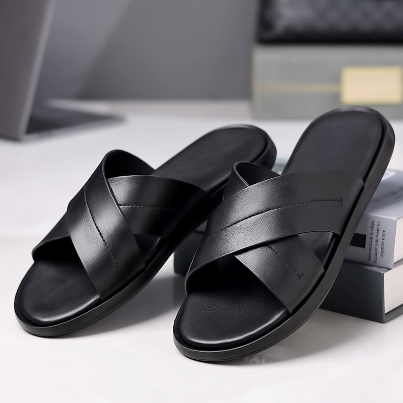 SHLIANG Men's Summer New Leather Outdoor Beach Slipper Soft Sole Non Slip Breathable High Quality Open Toe Casual Slippers V0047_voghion.com