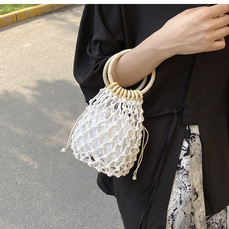 (Con bolsa interior) bolso de paja cordón hecho a mano pequeña bolsa de playa de bolso de las mujeres bolso mango de madera