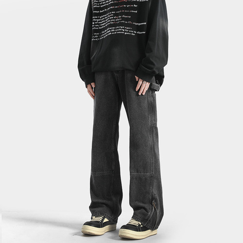 Vintage American-style mens spring and summer high street trendy brand ripped zipper pants retro cool rebel vibe lumber pants