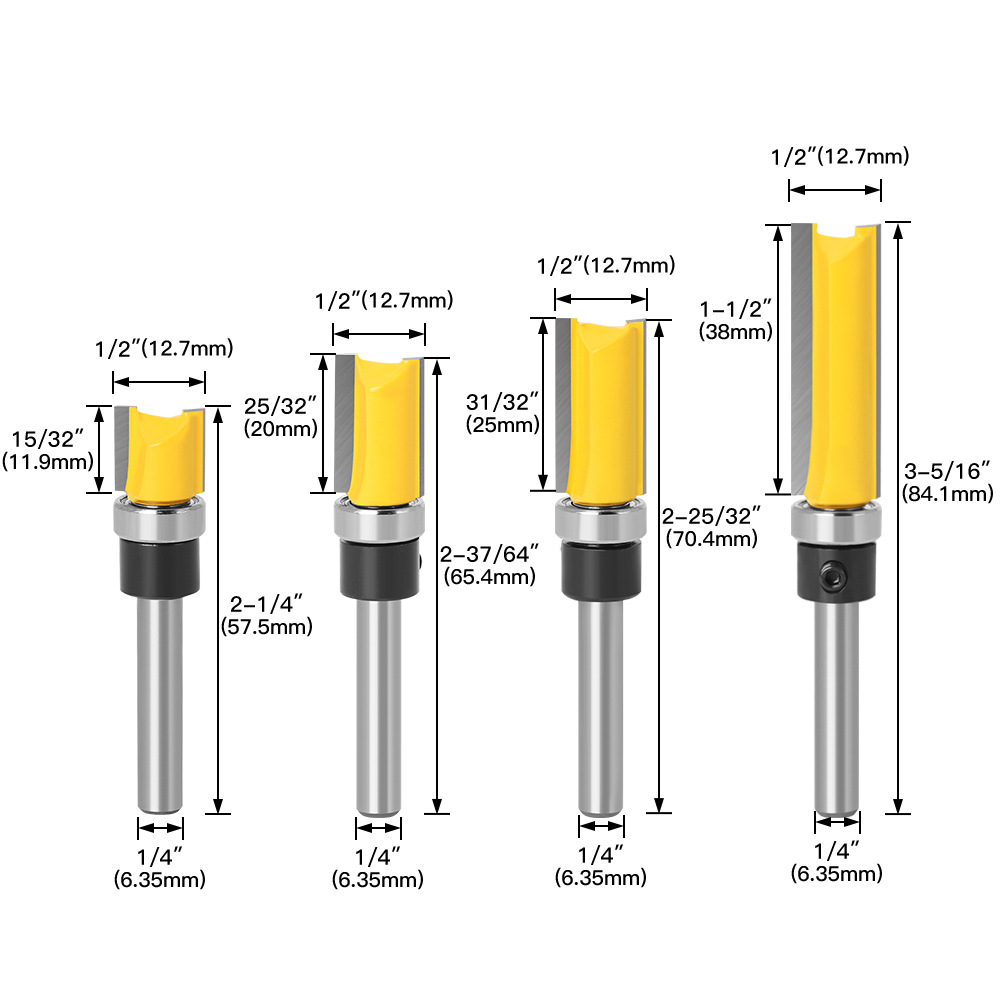 1/4 handle woodworking slotting straight knife bearing straight knife set copying milling cutter trimming knife engraving machine trimming machine