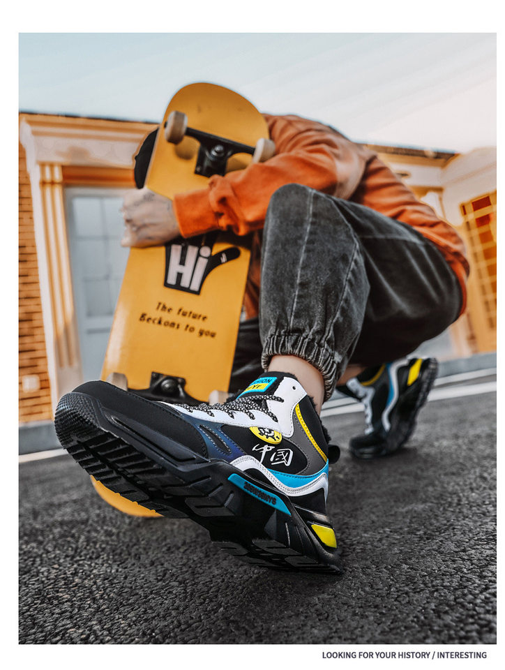 Giày sneaker cao cổ phối màu, lót nhung giữ ấm, đế cao su, dây buộc — 9013 Mẫu giày đơn Bai Lanyue, 9013 mẫu giày đơn màu đen và vàng, 9013 mẫu giày đơn màu đen xám, 9013-1 cộng với nhung trắng đen xám chi tiết 24
