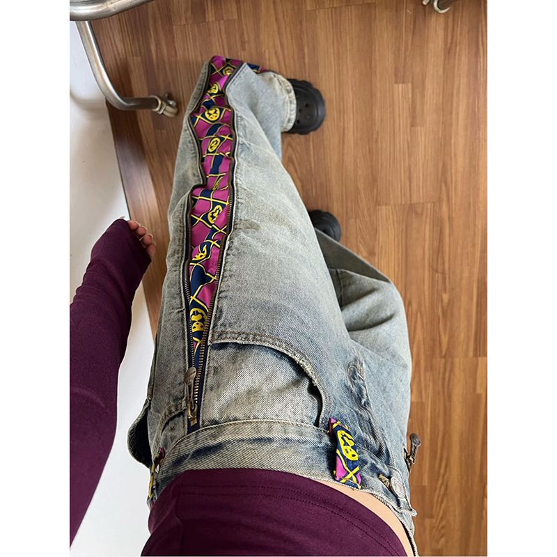 In-Stock Foreign Trade European Style American High Street Women's Jeans with Side Zipper, Plaid Straight Wide-Leg Floor-Length Pants for Cross-Border Sales In-Stock Foreign Trade European Style American High Street Women's Jeans with Side Zipper, Plaid Straight Wide-Leg Floor-Length Pants for Cross-Border Sales