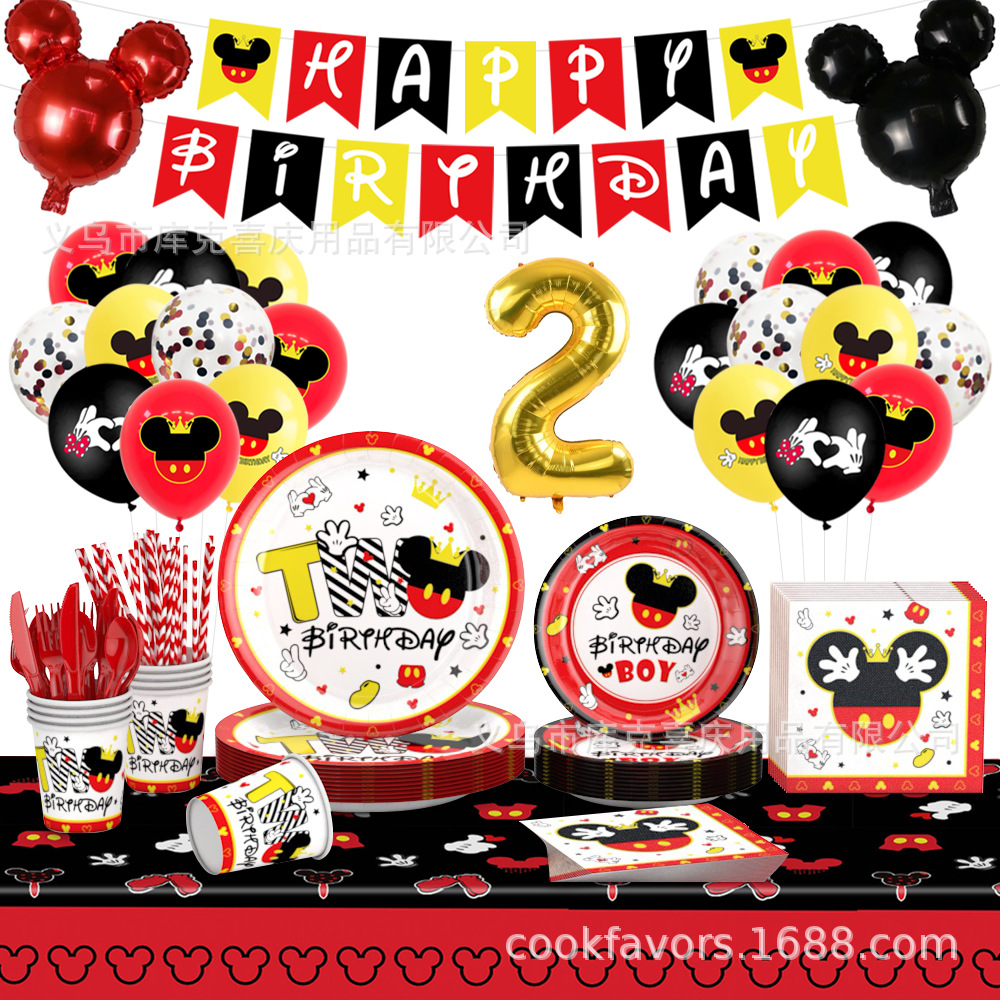 Amazon Black Red Mickey 1 cumpleaños artículos de decoración de fiesta bandeja de papel desechable taza de papel toalla de papel juego de decoración