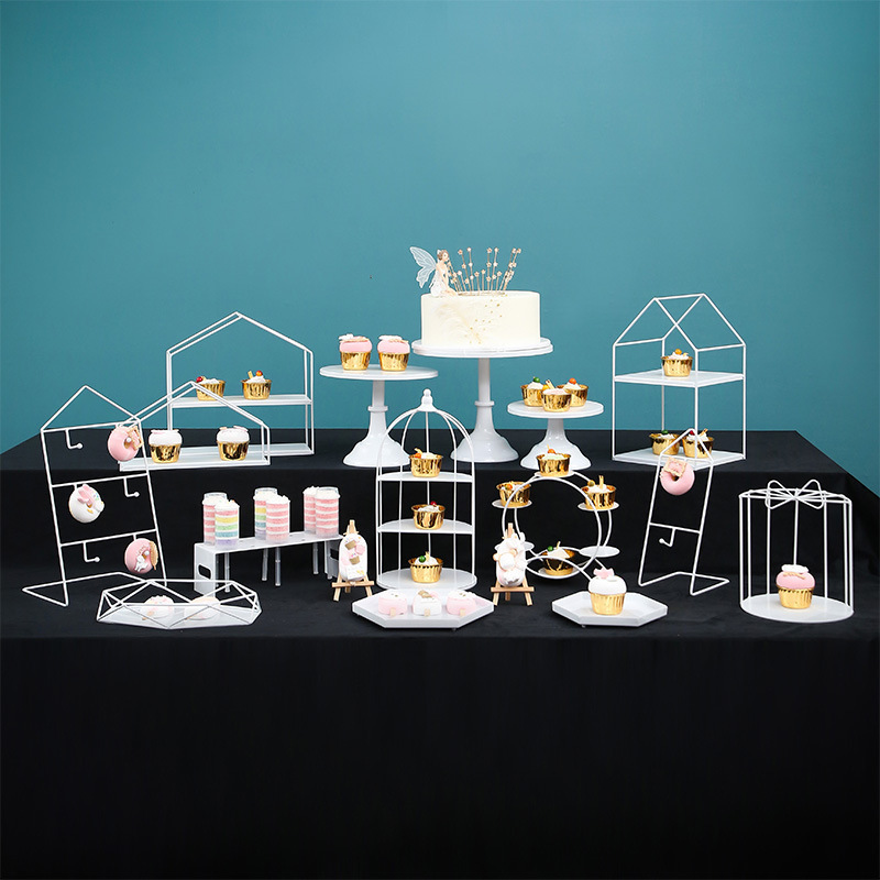 Decoración de cumpleaños de postres estante de exhibición de decoración de comida fría europea estante de té de pastel blanco refrigerio bandeja estante image 5