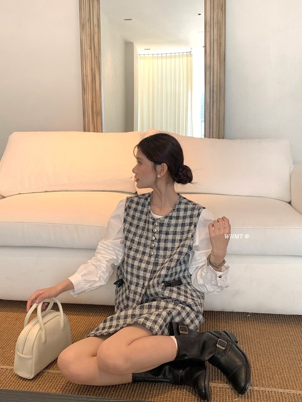 【WOW】韩系精致口袋格纹背心马甲+压褶半身裙套装（不含衬衫）|undefined