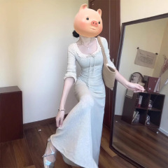 ファッション純欲風灰色の花の縁の襟は長いワンピースをつなぎ合わせます。