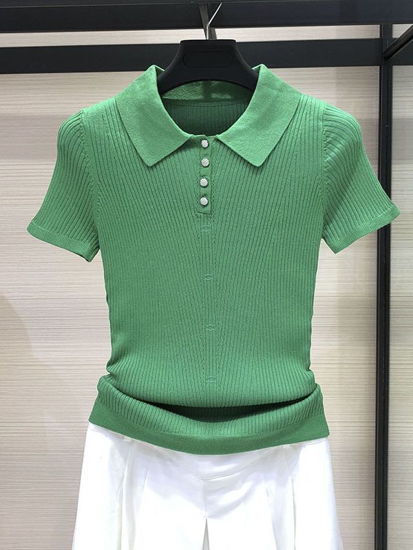 Áo polo nữ dệt kim lụa băng cổ bẻ tay ngắn — Màu đen