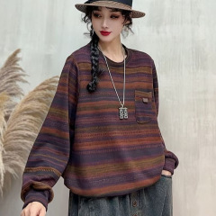 复古条纹卫衣女 2025秋新款韩版宽松休闲圆领下摆抽绳上衣 25153