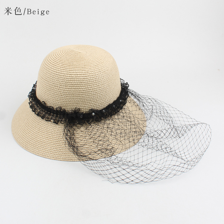 Fashion Pearl Net Yarn Sunshade Straw Fisherman Hat display picture 15